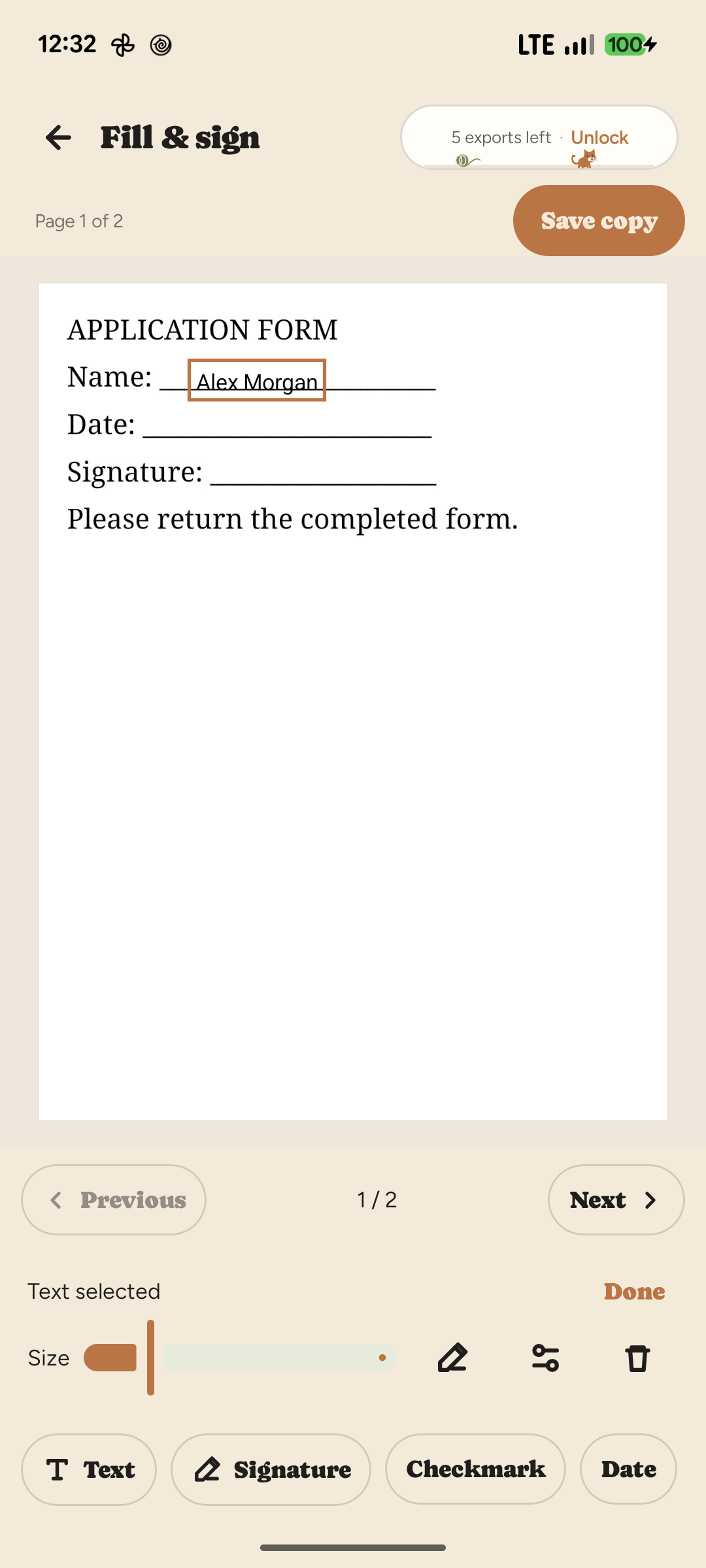 Paperleaf's Fill and sign screen with a sample application form and a name placed on the page